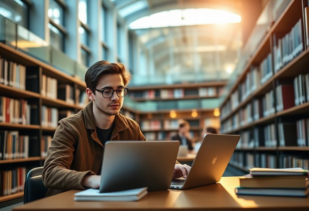 Studentin arbeitet in einer hellen Schweizer Hochschulbibliothek am Laptop
