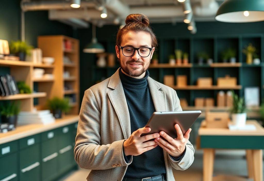Selbstständige Person prüft in einem modernen Geschäft Zahlen auf einem Tablet